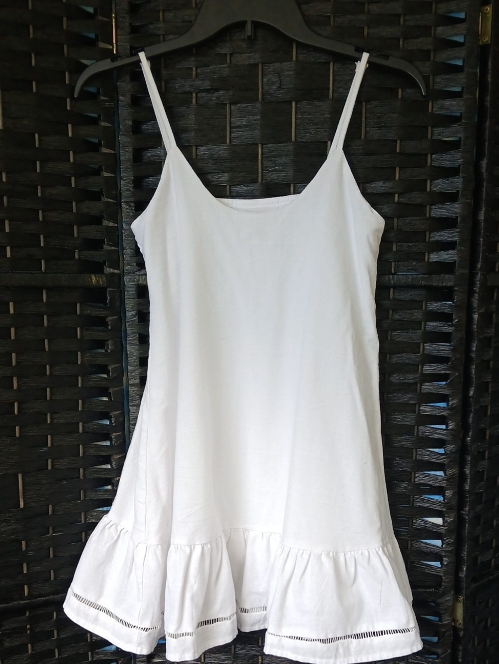 Showpo. White Linen Ruffle Hem Spaghetti Strap Mini Dress Womens SZ 2